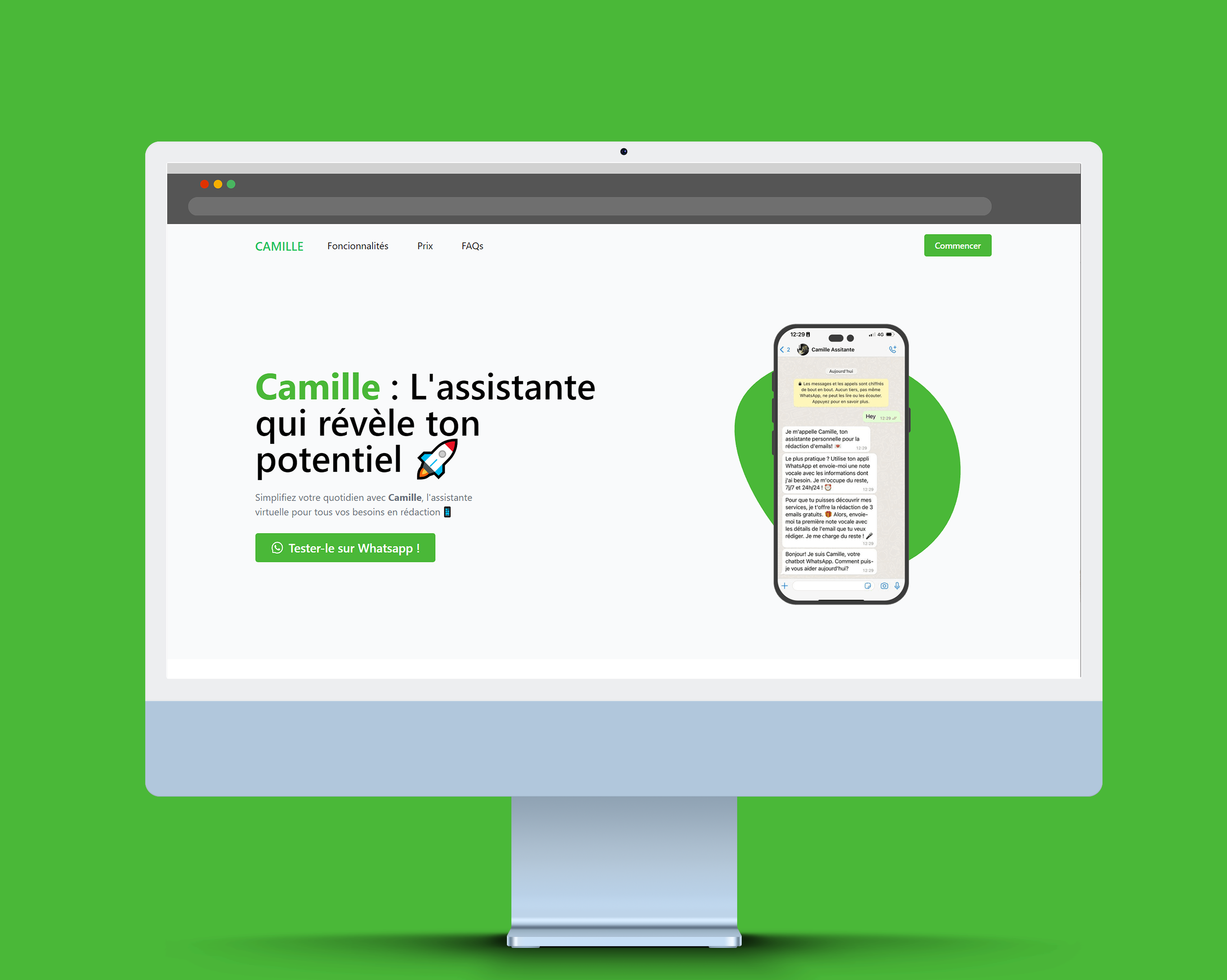 Camille is a WhatsApp bot that helps entrepreneurs to write their emails faster using ChatGPT API and Stripe payment